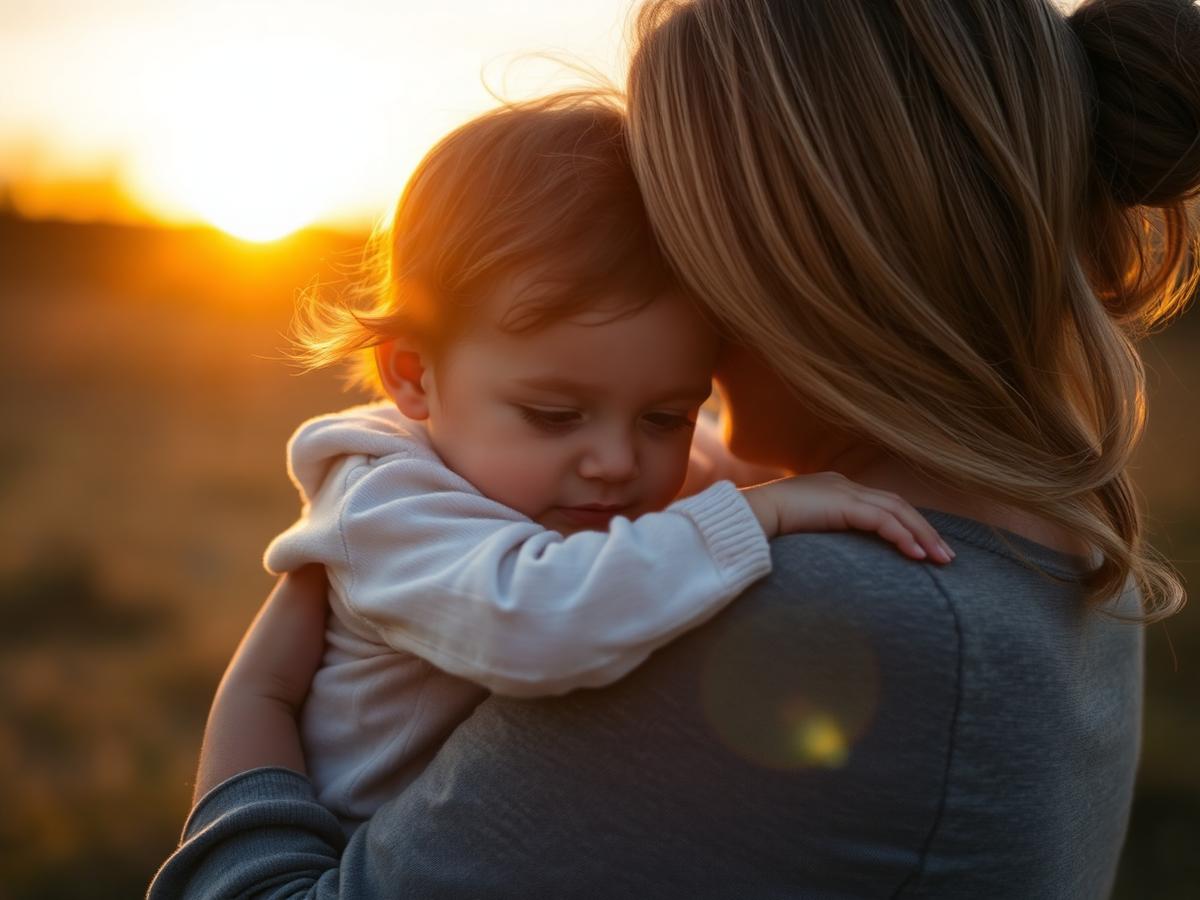 Mãe e criança abraçadas ao pôr do sol