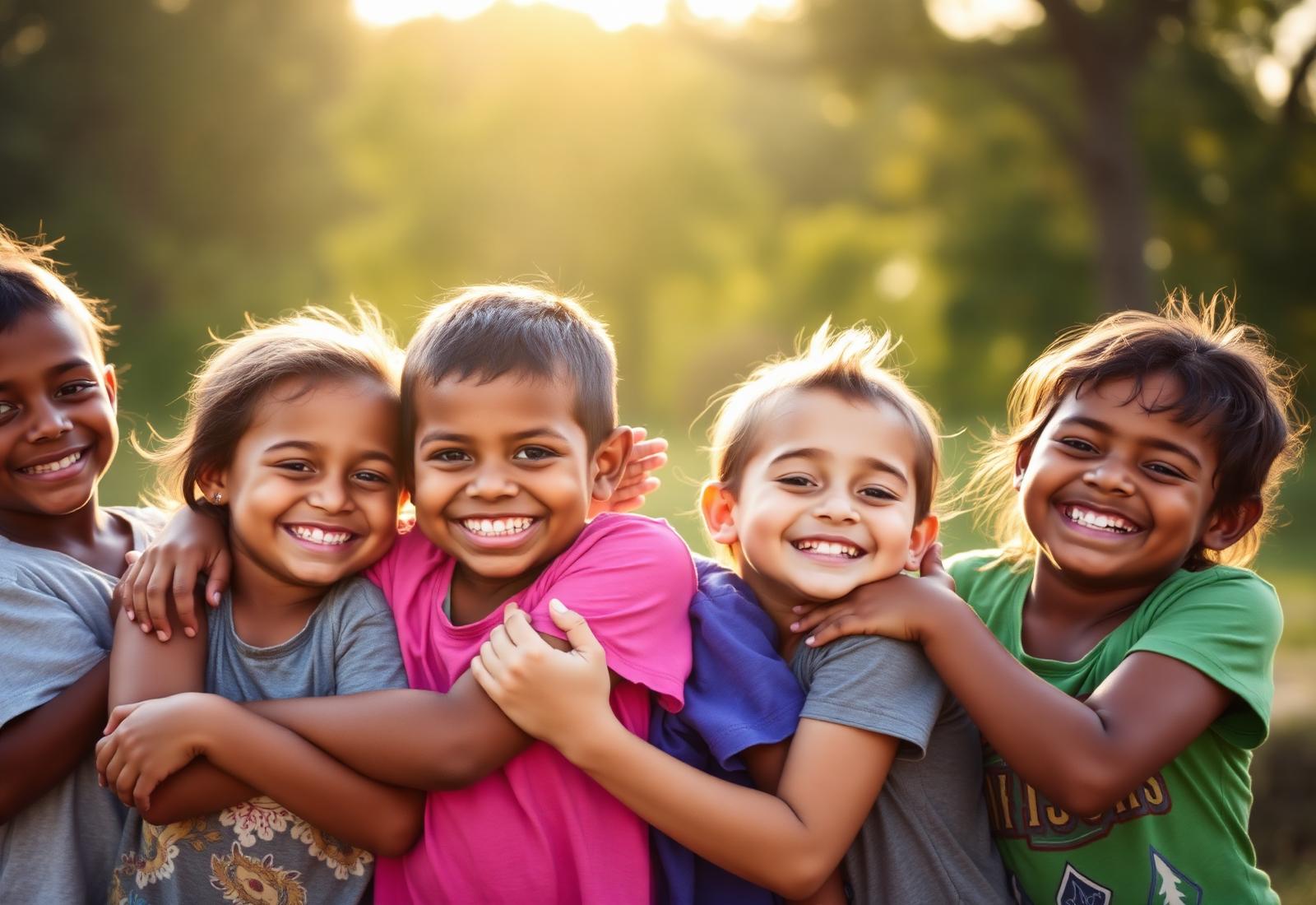 Crianças sorrindo abraçadas ao ar livre